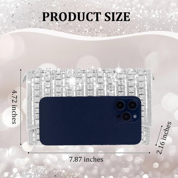 Silver Rhinestone Clutch Evening Crossbody Bag for Wedding & Party Cocktail Prom - Picture 2 of 7